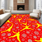 Vibrant Yellow Humanoid Figures Red Background Rug