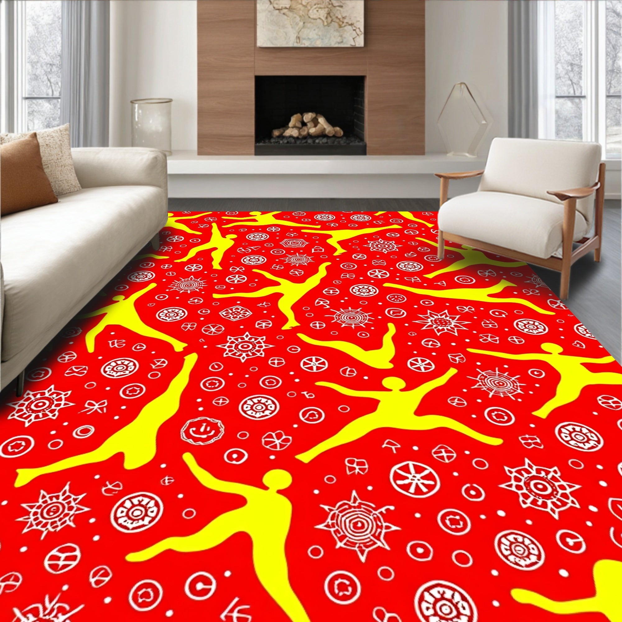 Vibrant Yellow Humanoid Figures Red Background Rug