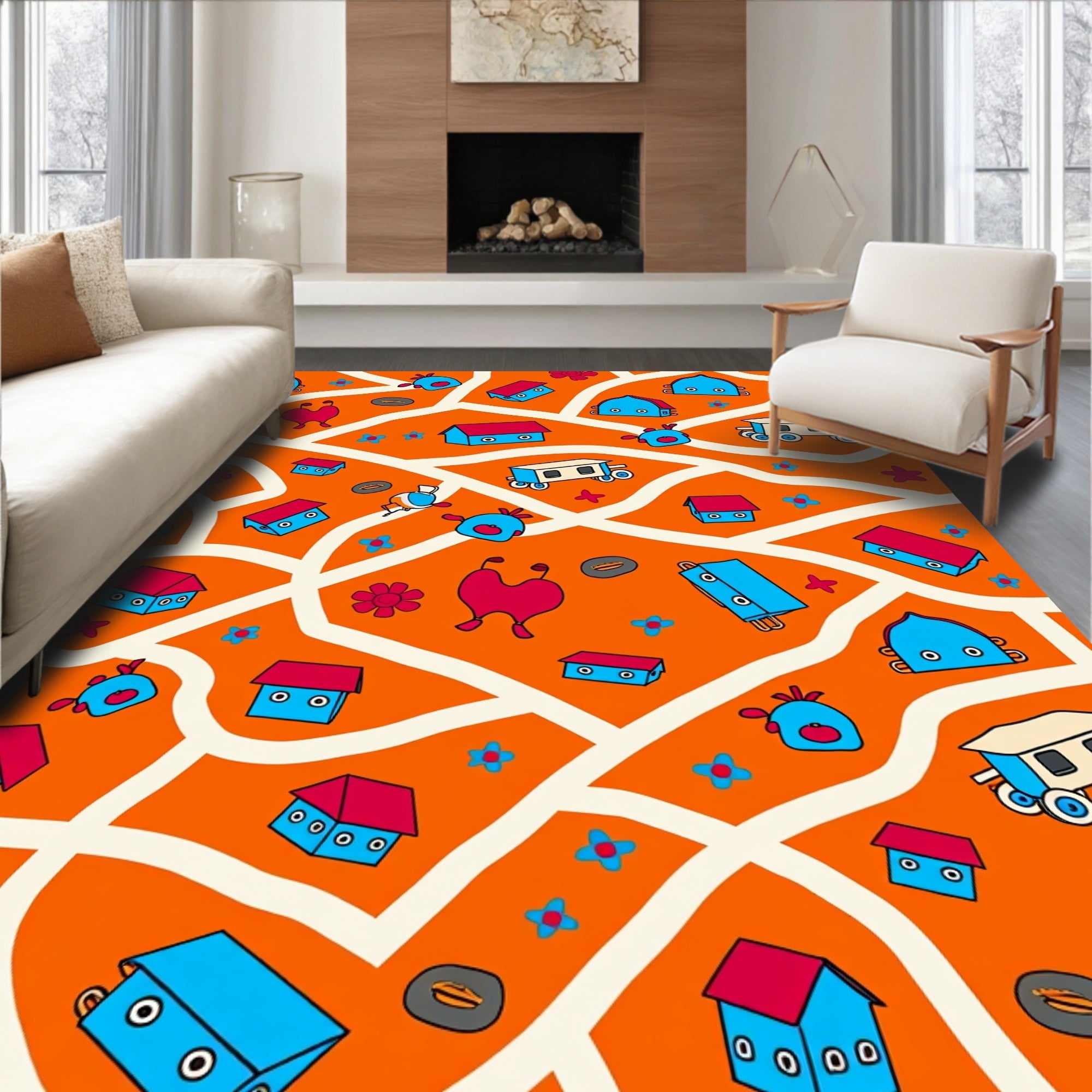 Playful Cartoon Village Orange Sky Rug
