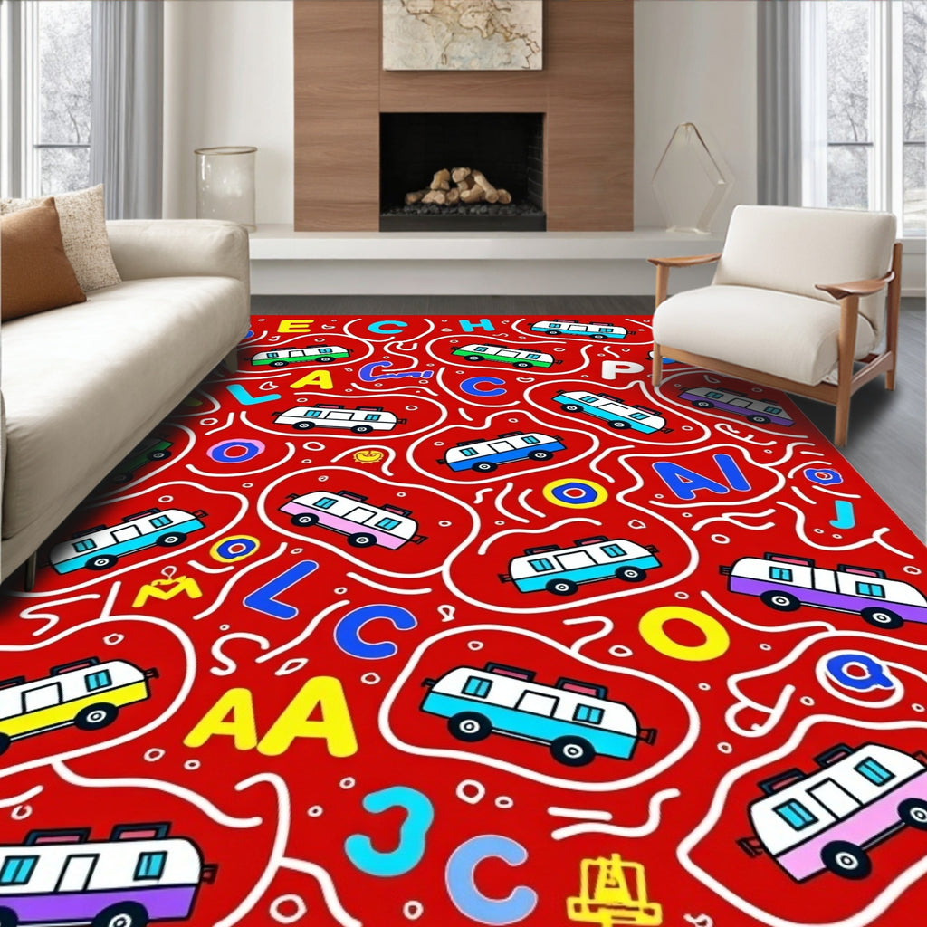 Colorful Camper Van Alphabet Adventure Rug