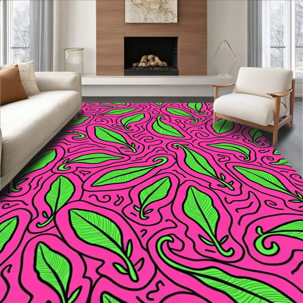 Vibrant Green Leaf Swirls Rug