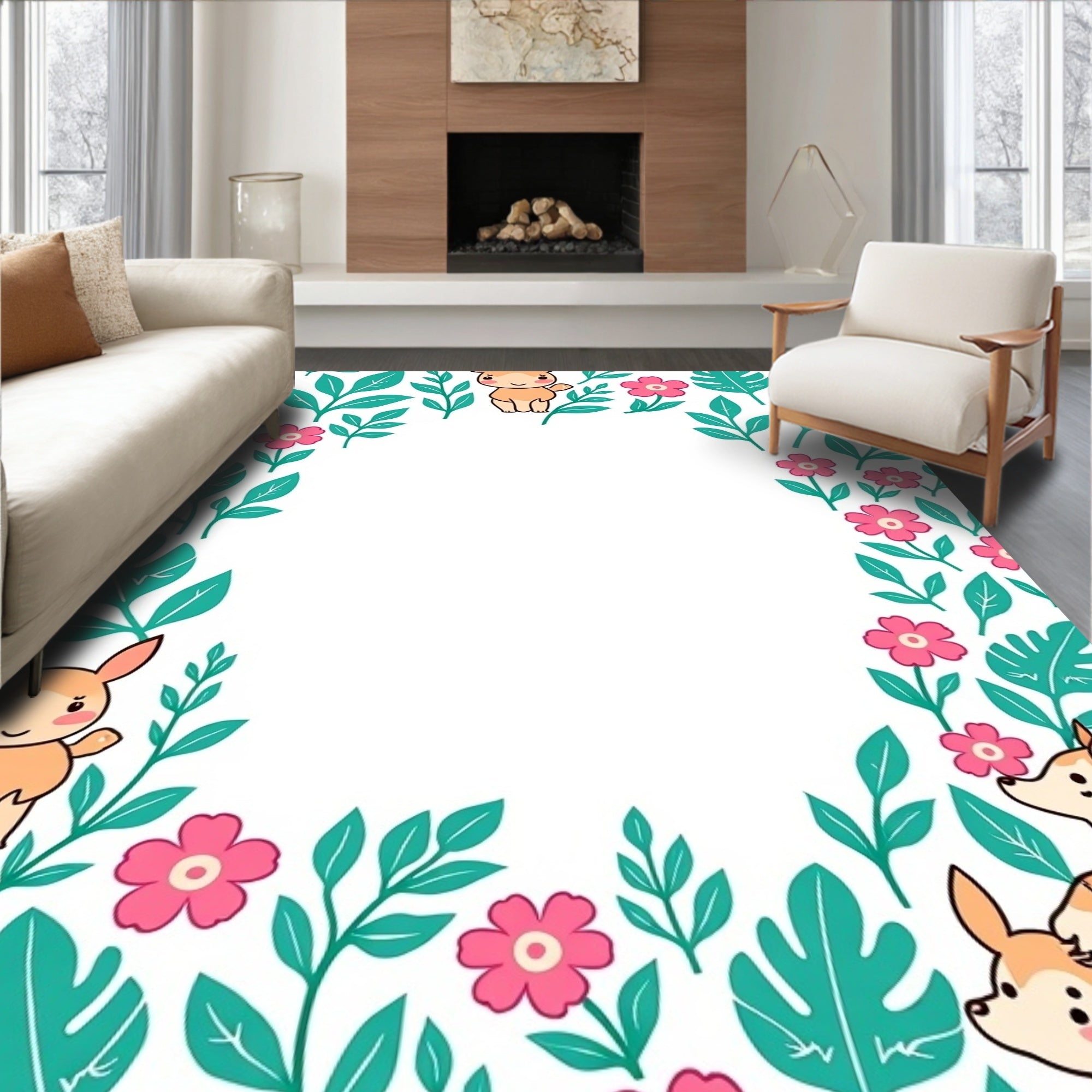 Whimsical Fawn Floral Leafy Border Rug
