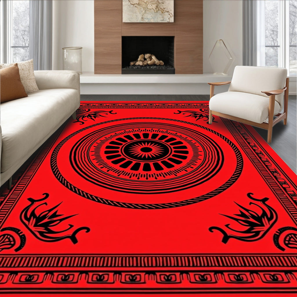 Crimson Sunburst Geometric Border Rug
