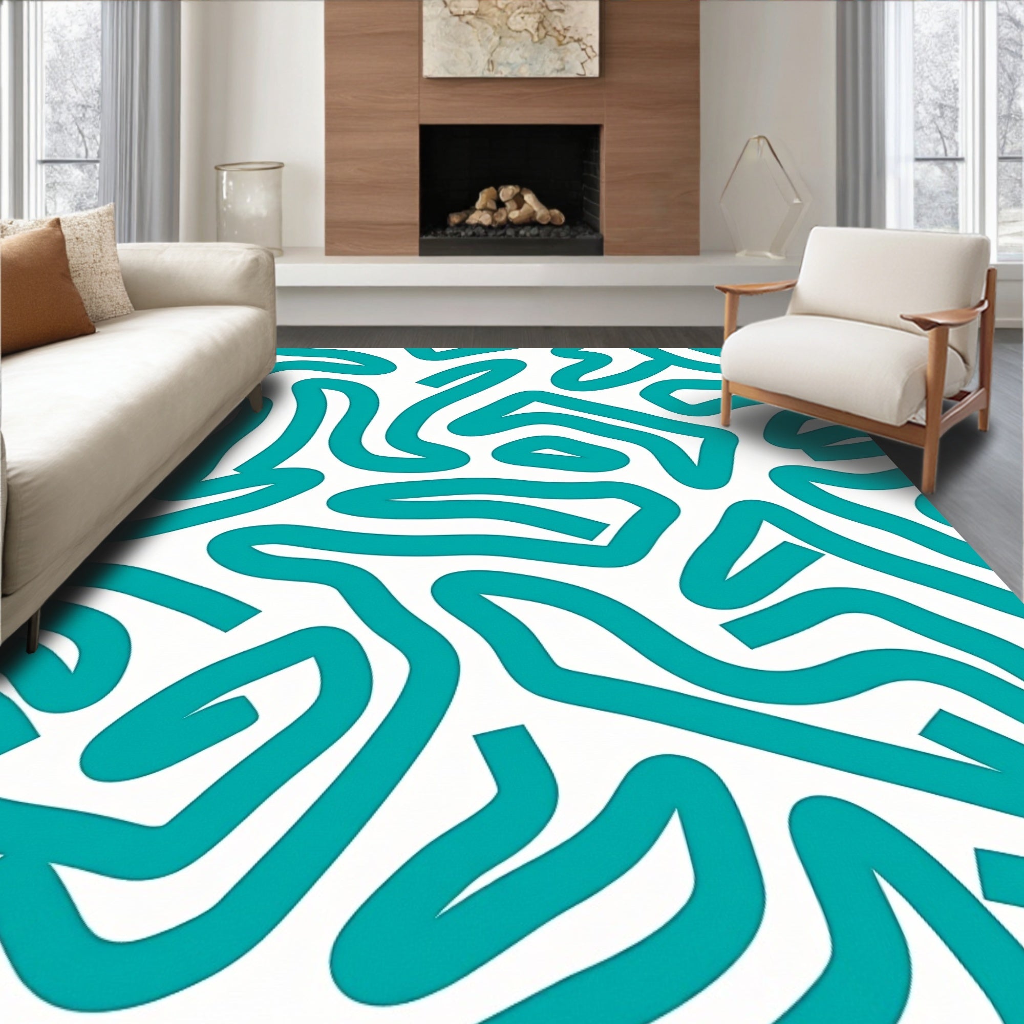 Teal Abstract Continuous Line Rug