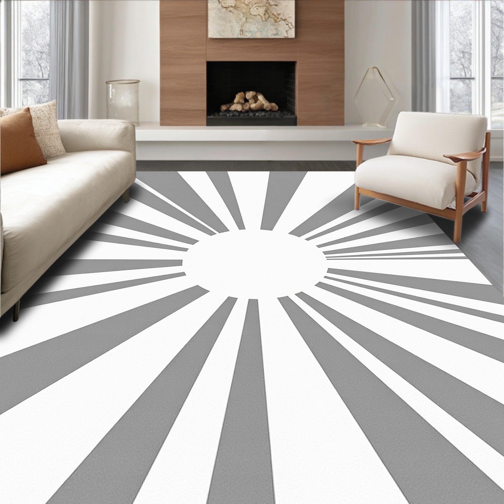 Modern Gray Sunburst Rays Rug