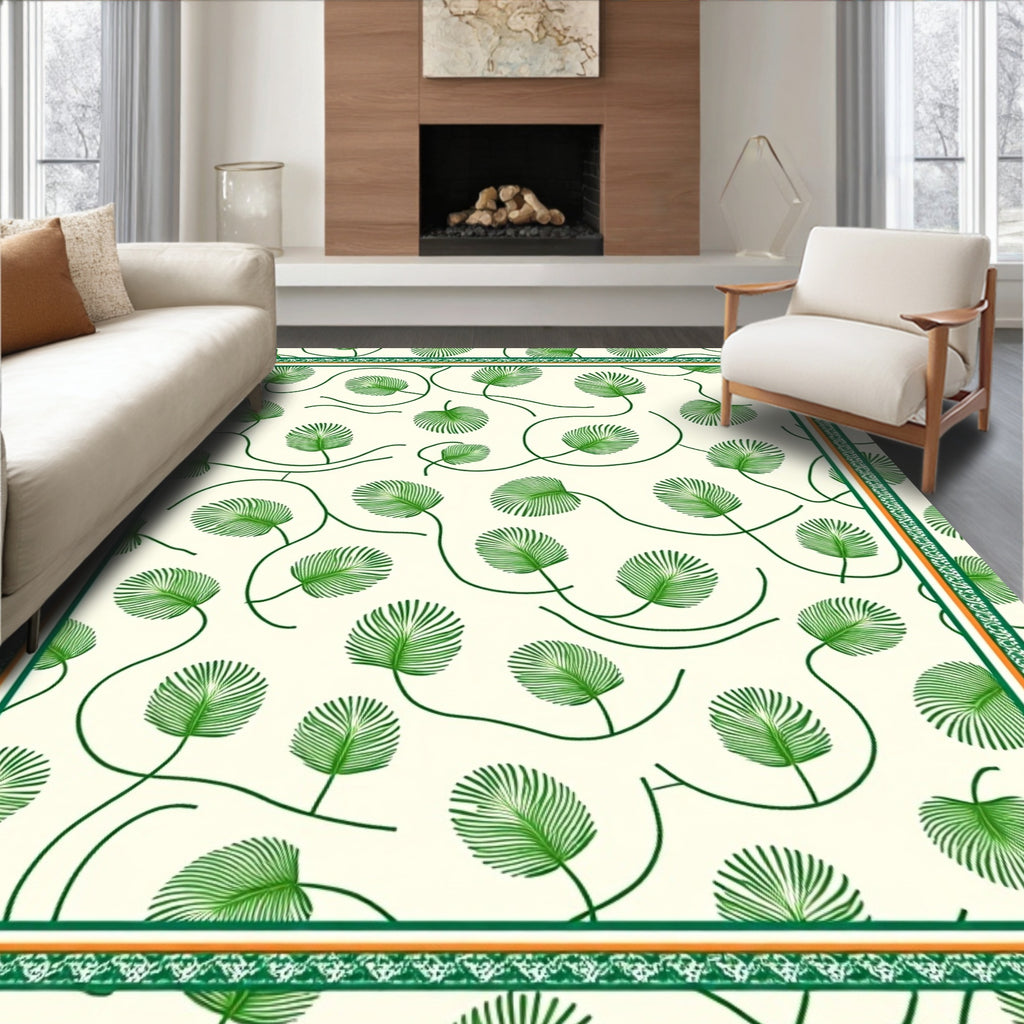 Cream Green Leafy Vine Border Rug