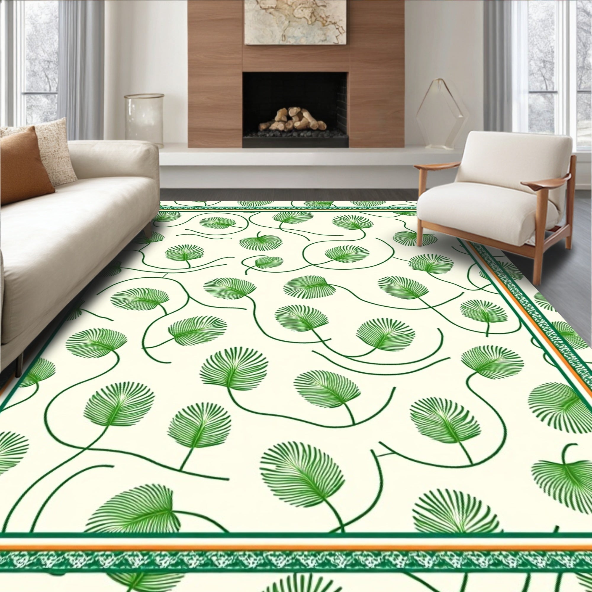 Cream Green Leafy Vine Border Rug