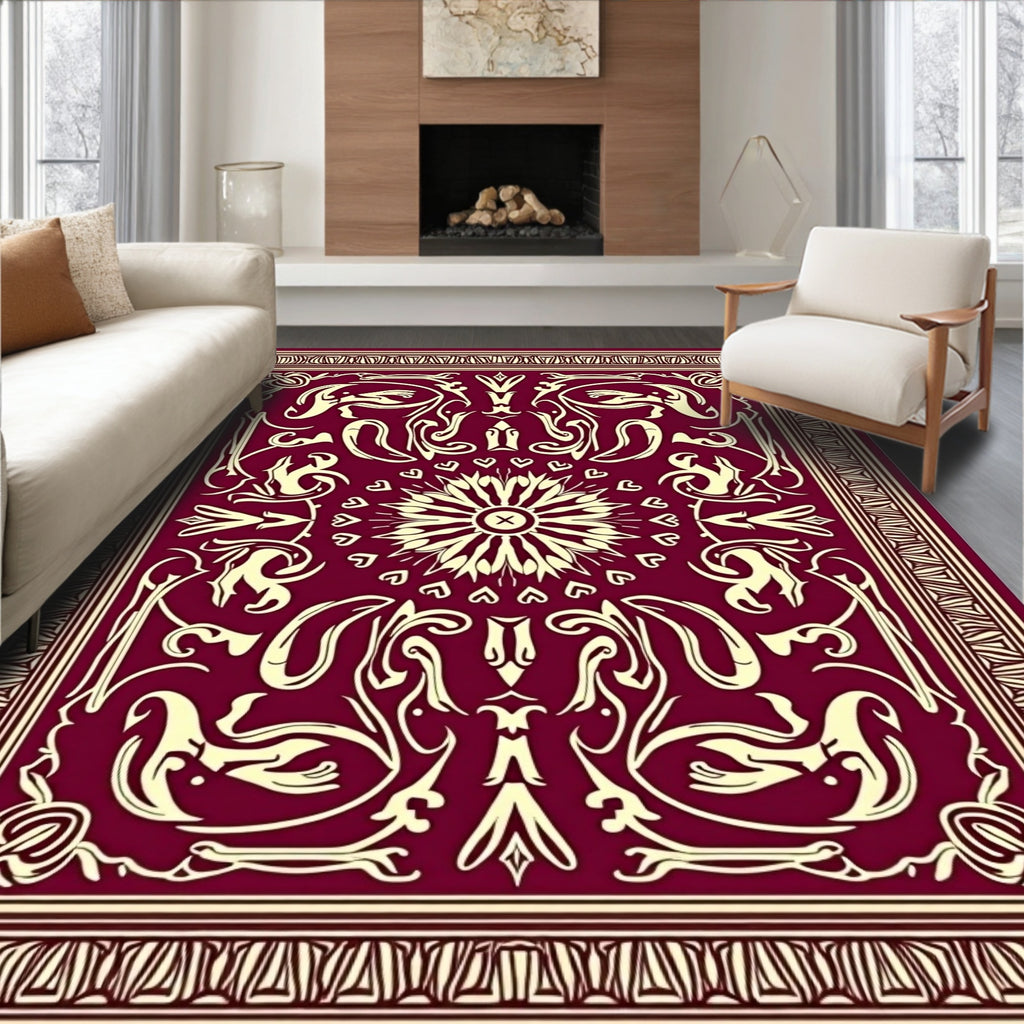 Crimson Golden Floral Symmetry Rug