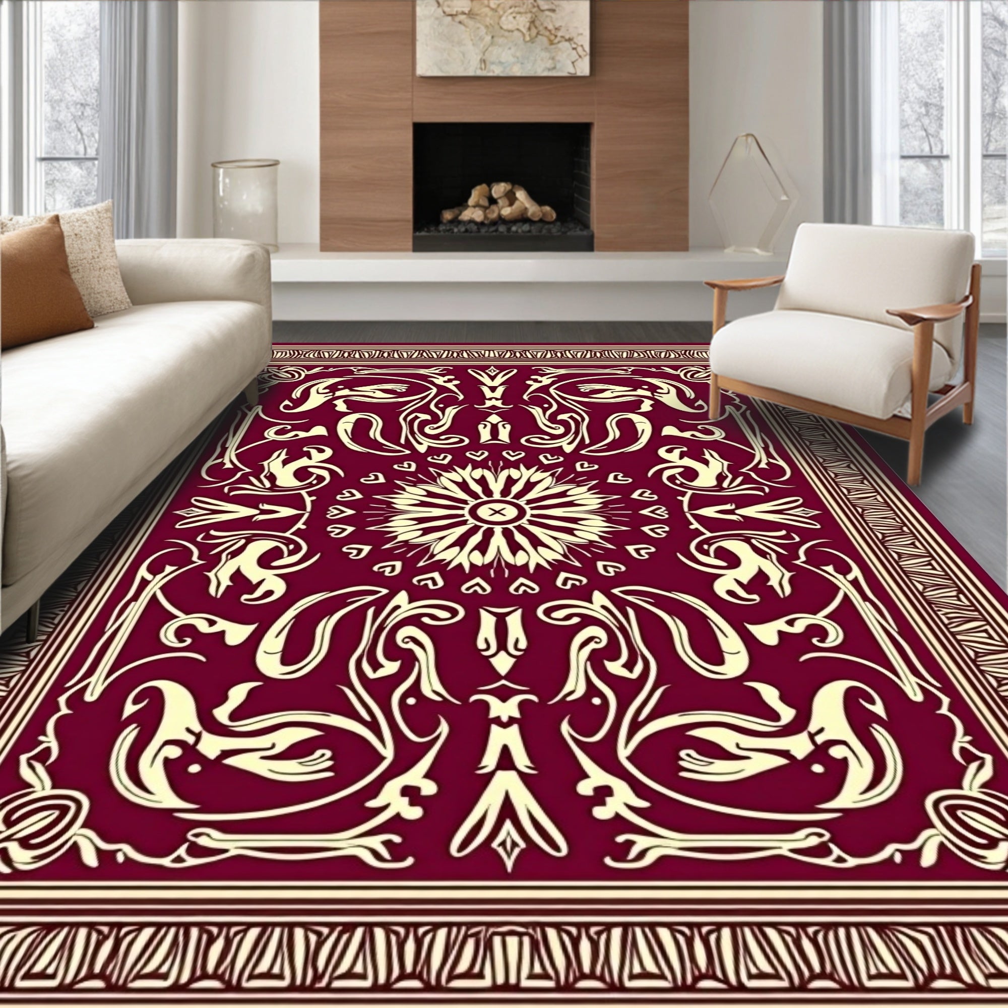 Crimson Golden Floral Symmetry Rug