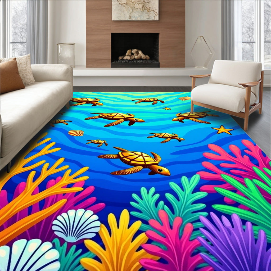 Vibrant Sea Turtle Coral Reef Wonderland Rug