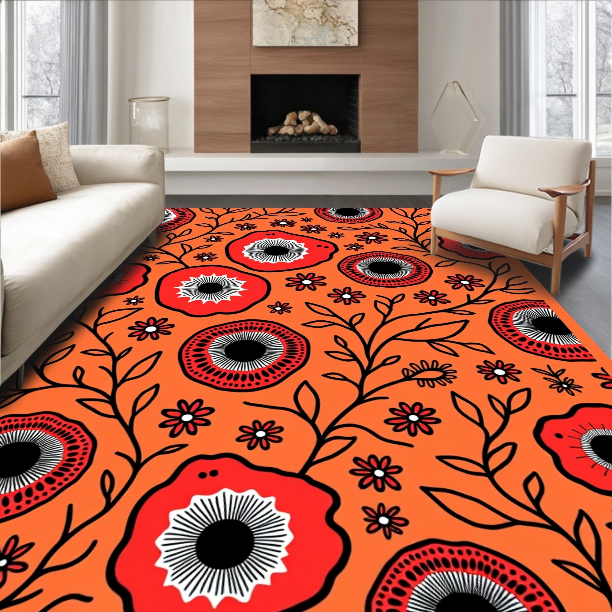 Vibrant Red Floral Vine Accents Rug