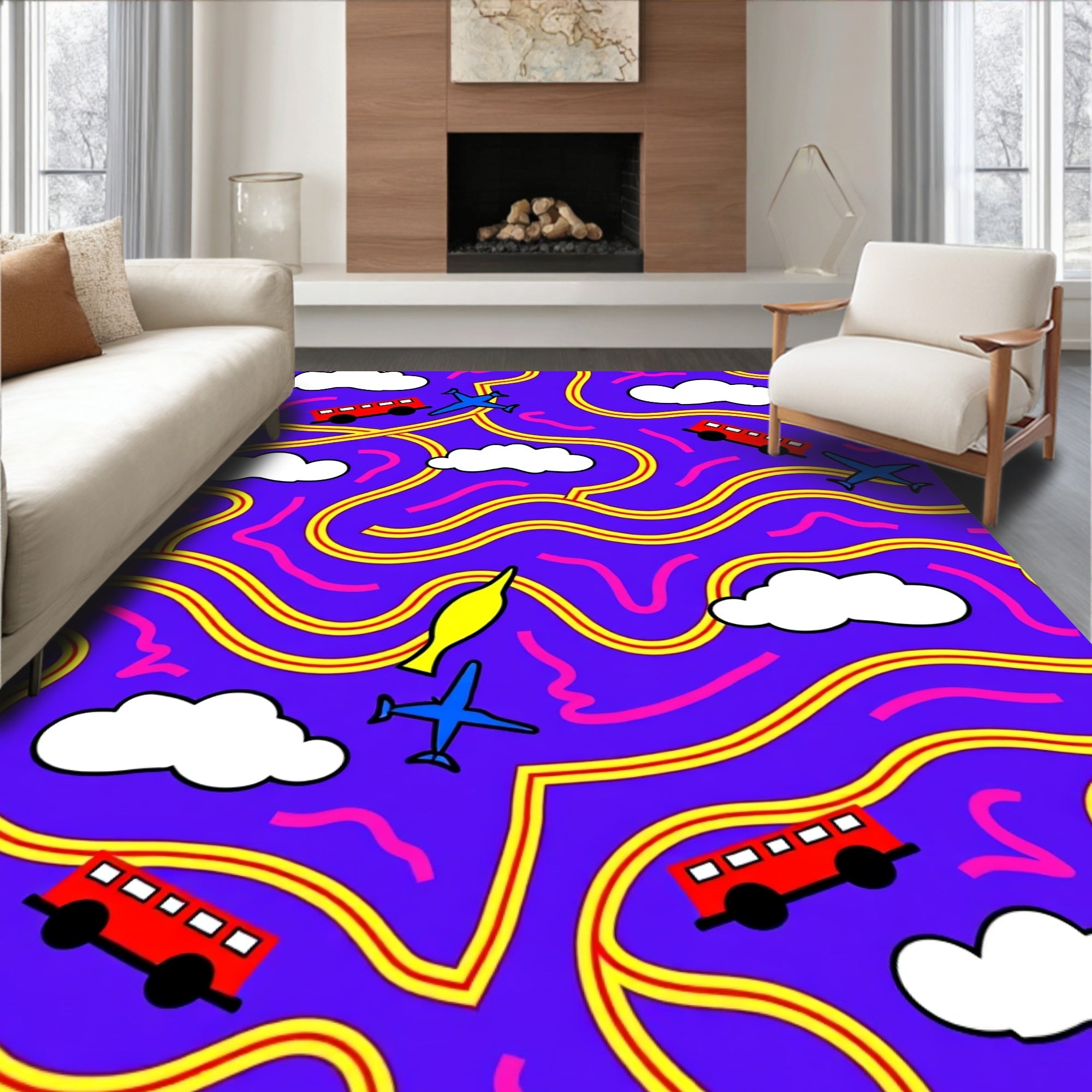 Whimsical Purple Transportation Maze Rug