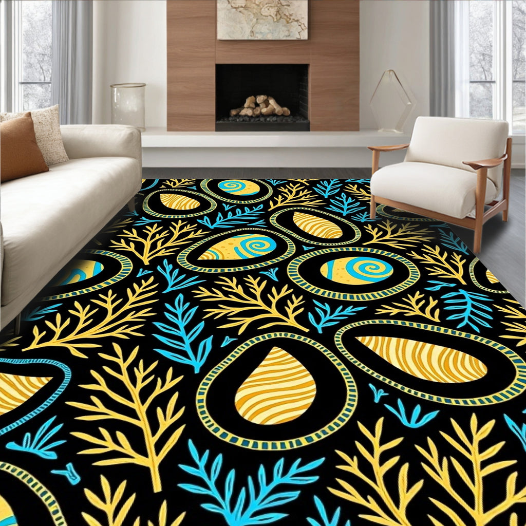 Black Yellow Blue Abstract Organic Oval Rug
