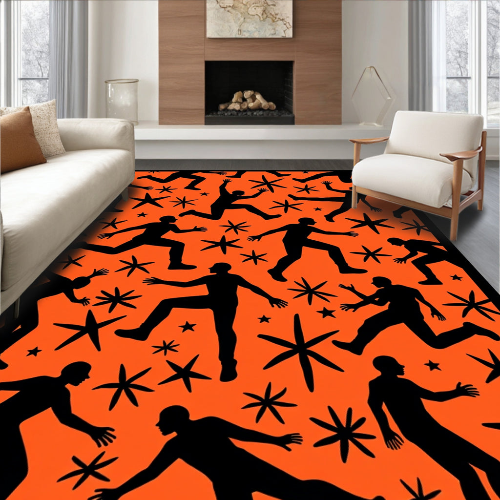 Orange Black Silhouette Figures Starbursts Rug