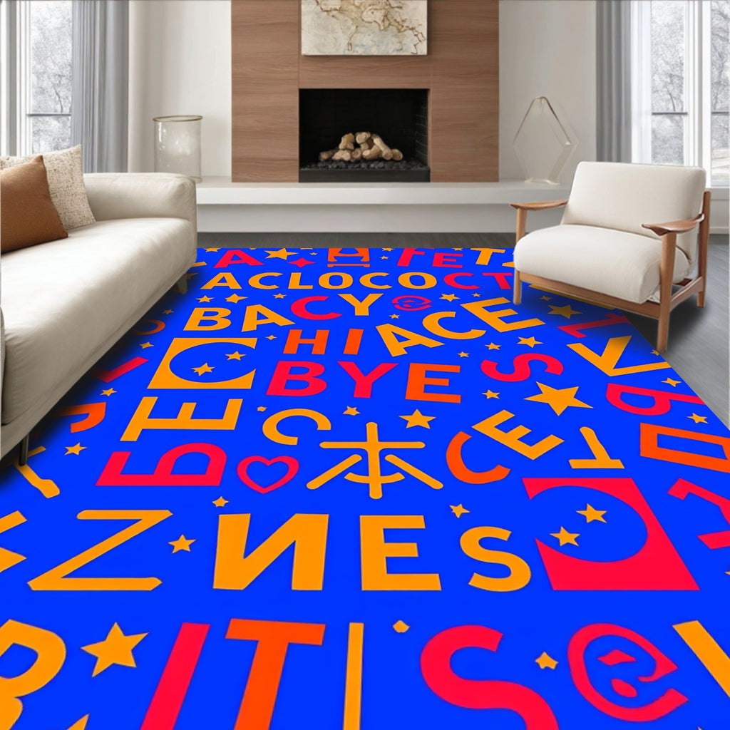 Vibrant Red Orange Alphabet Collage Rug