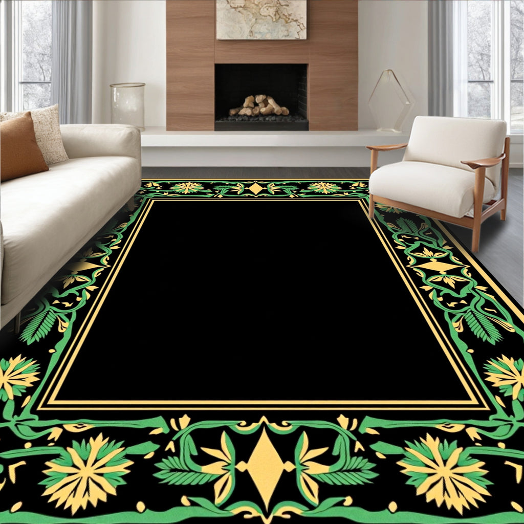 Green Yellow Floral Vine Border Rug