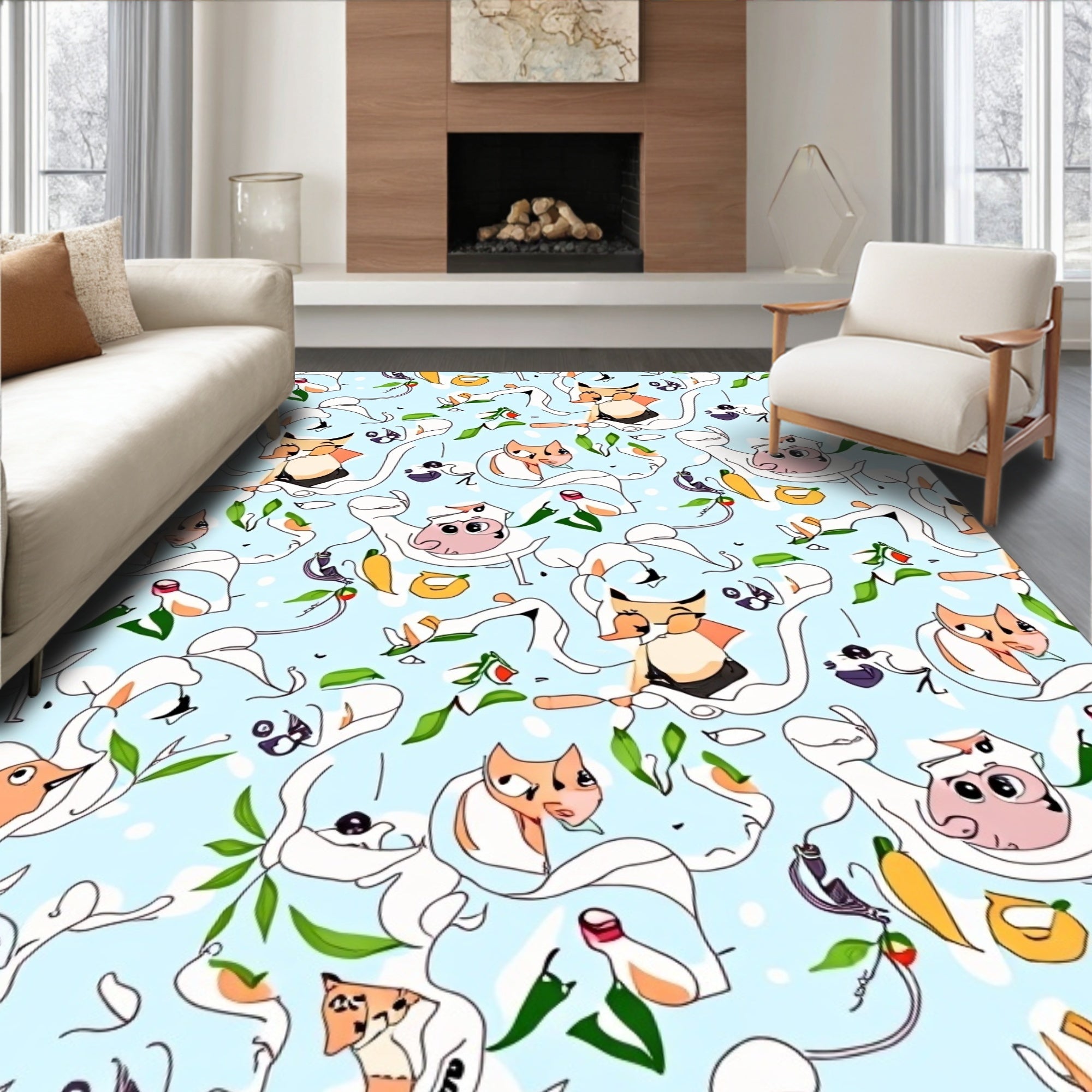 Whimsical Cartoon Cats Falling Leaves Rug