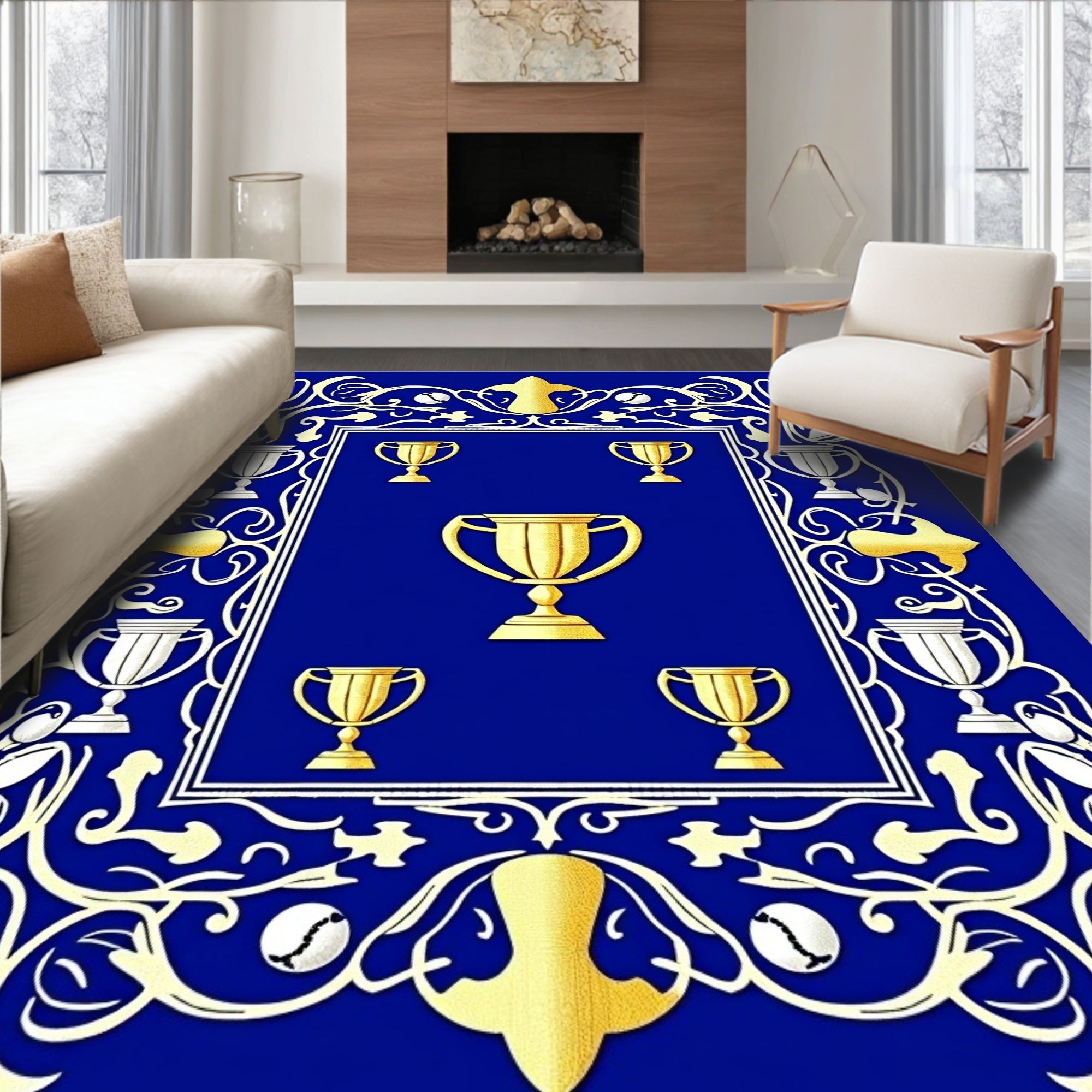 Gold Trophy Blue Decorative Frame Rug
