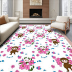 Cute Brown Monkey Pink Floral Meadow Rug