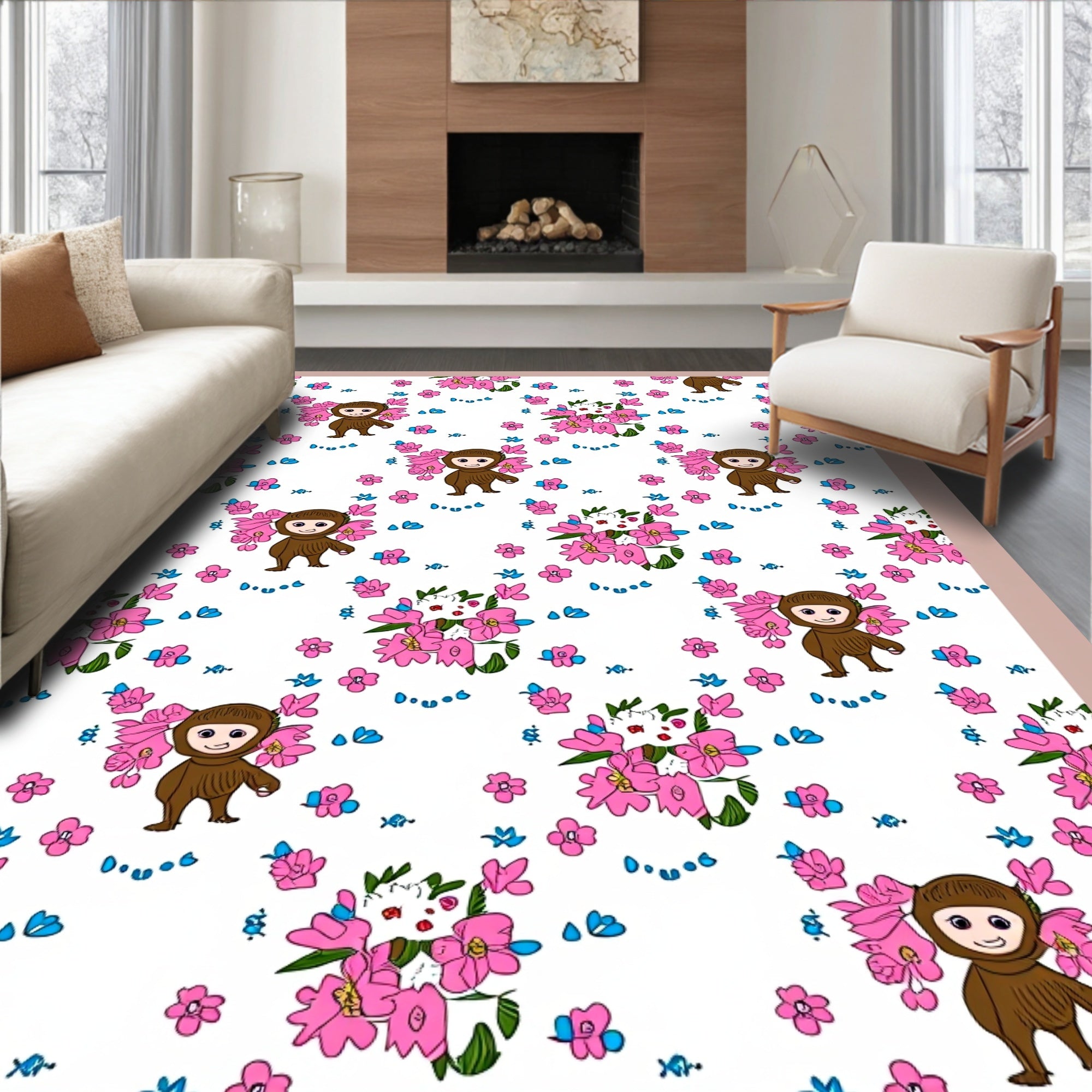 Cute Brown Monkey Pink Floral Meadow Rug