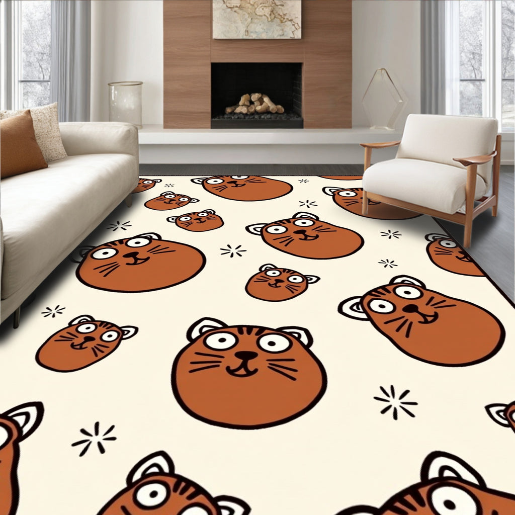 Whimsical Brown Cat Faces Scattered Stars Rug