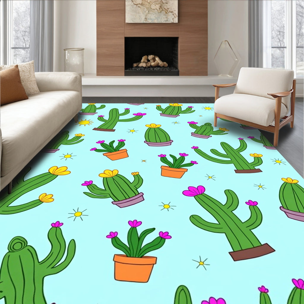 Playful Green Cactus Yellow Fuchsia Bloom Rug
