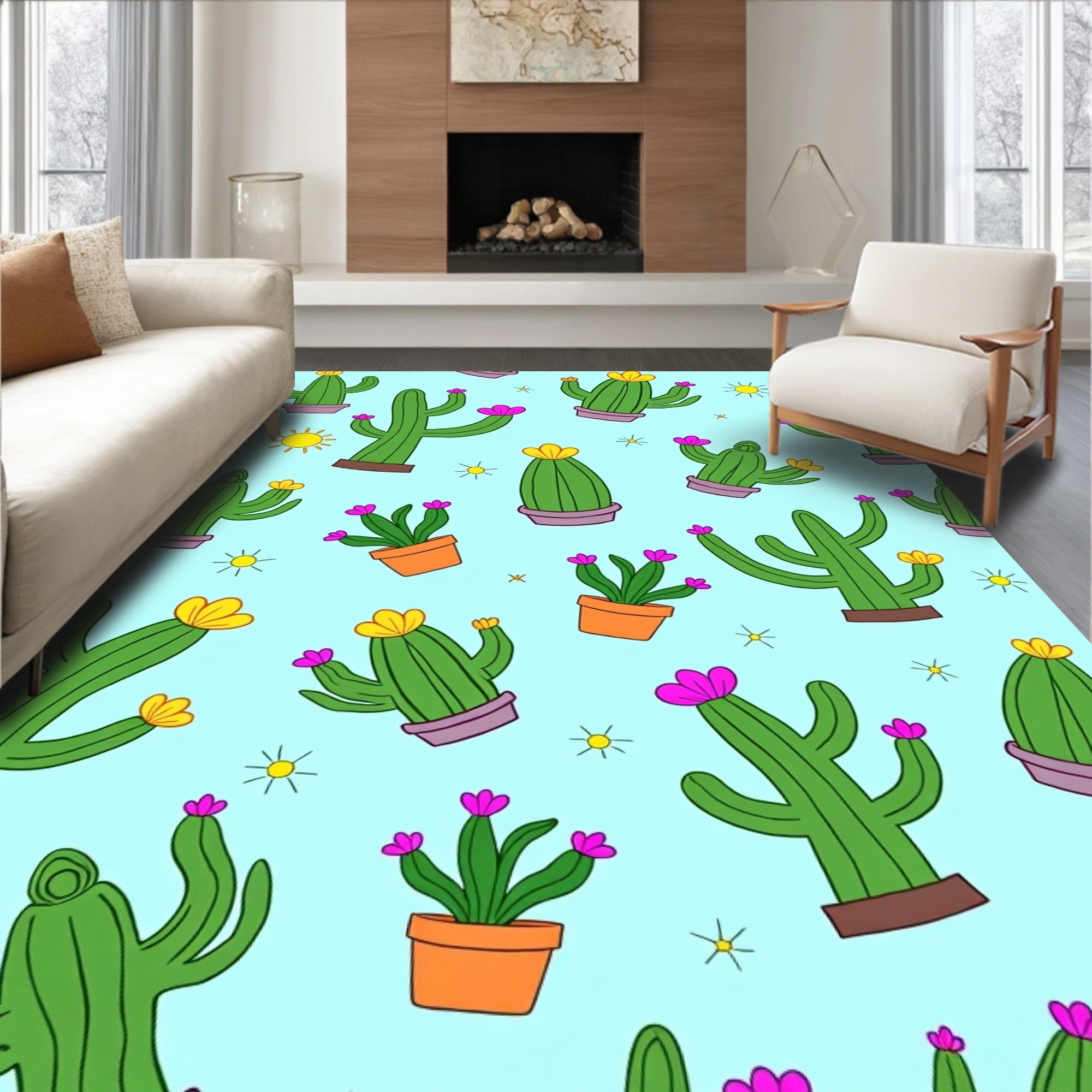 Playful Green Cactus Yellow Fuchsia Bloom Rug
