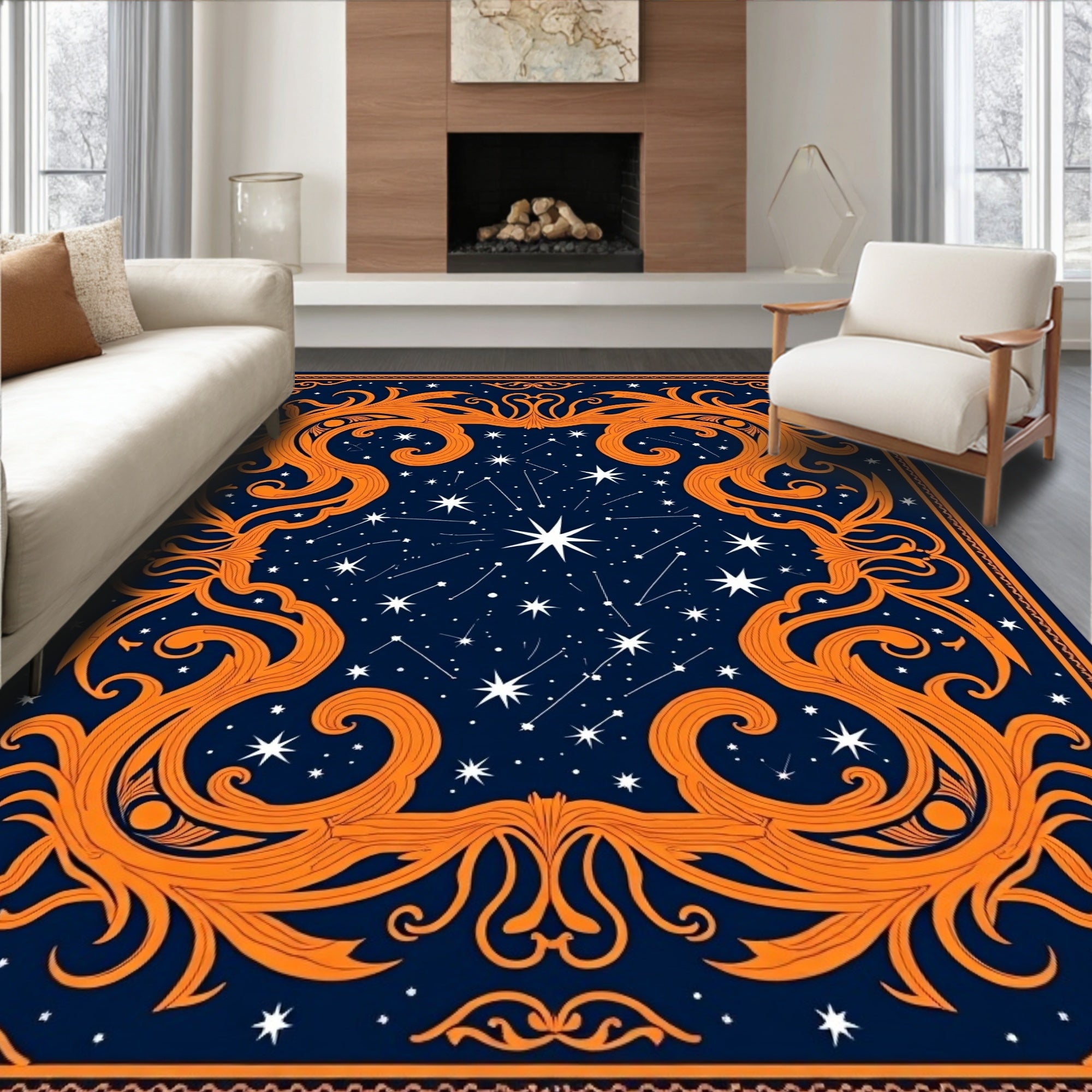 Ornate Blue Celestial Night Swirl Rug