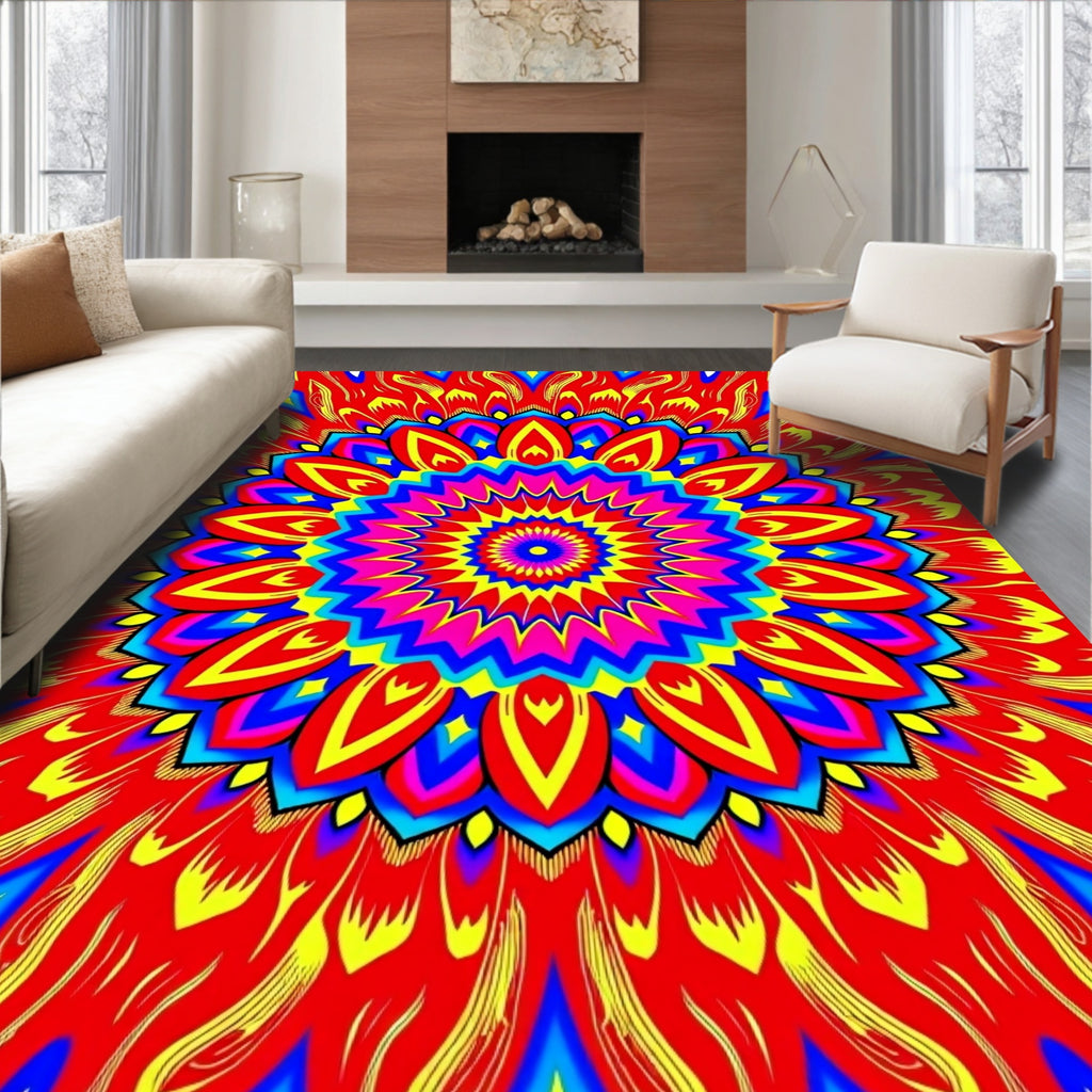 Vibrant Red Sunburst Mandala Rug