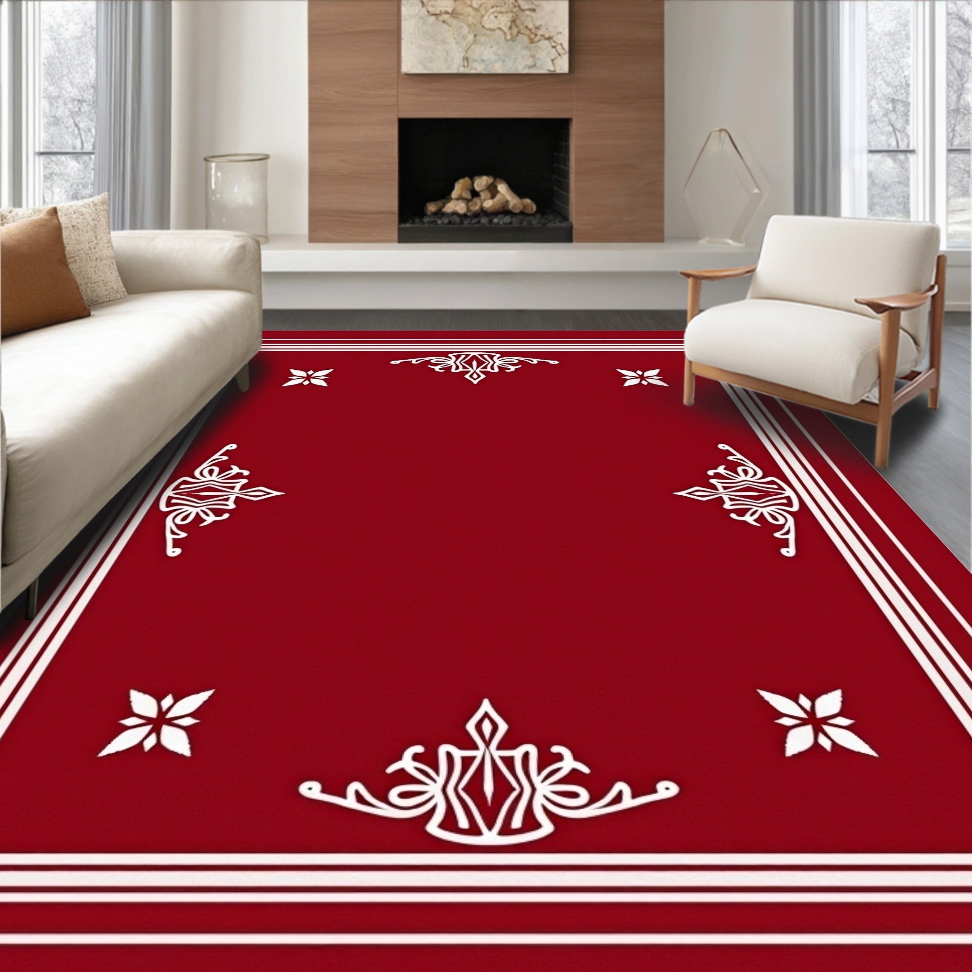 Crimson White Ornate Corner Floral Rug