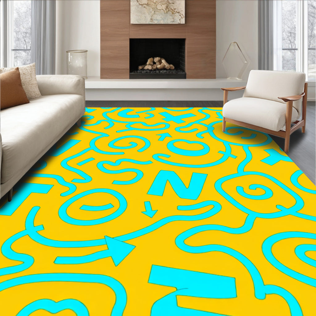 Bright Yellow Cyan Abstract Squiggles Rug