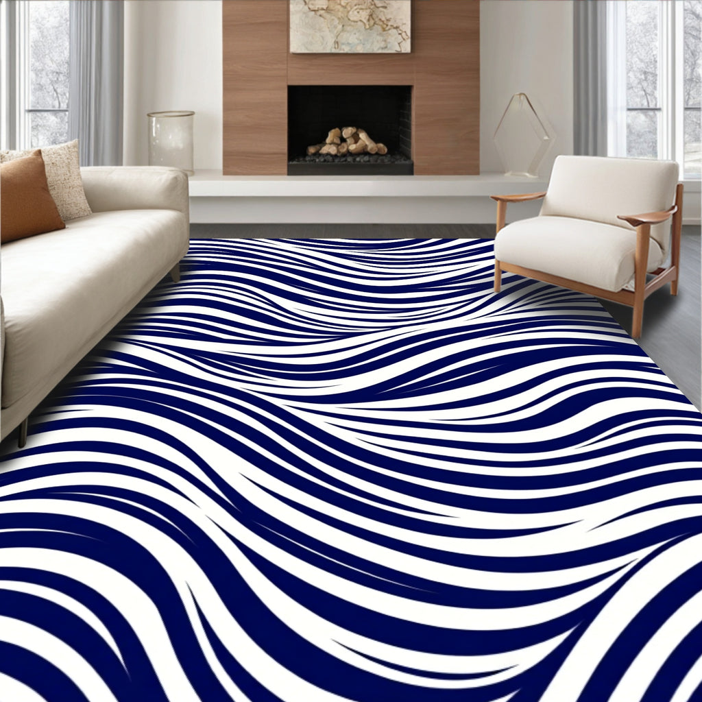 Midnight Blue Flowing Wave Lines Rug
