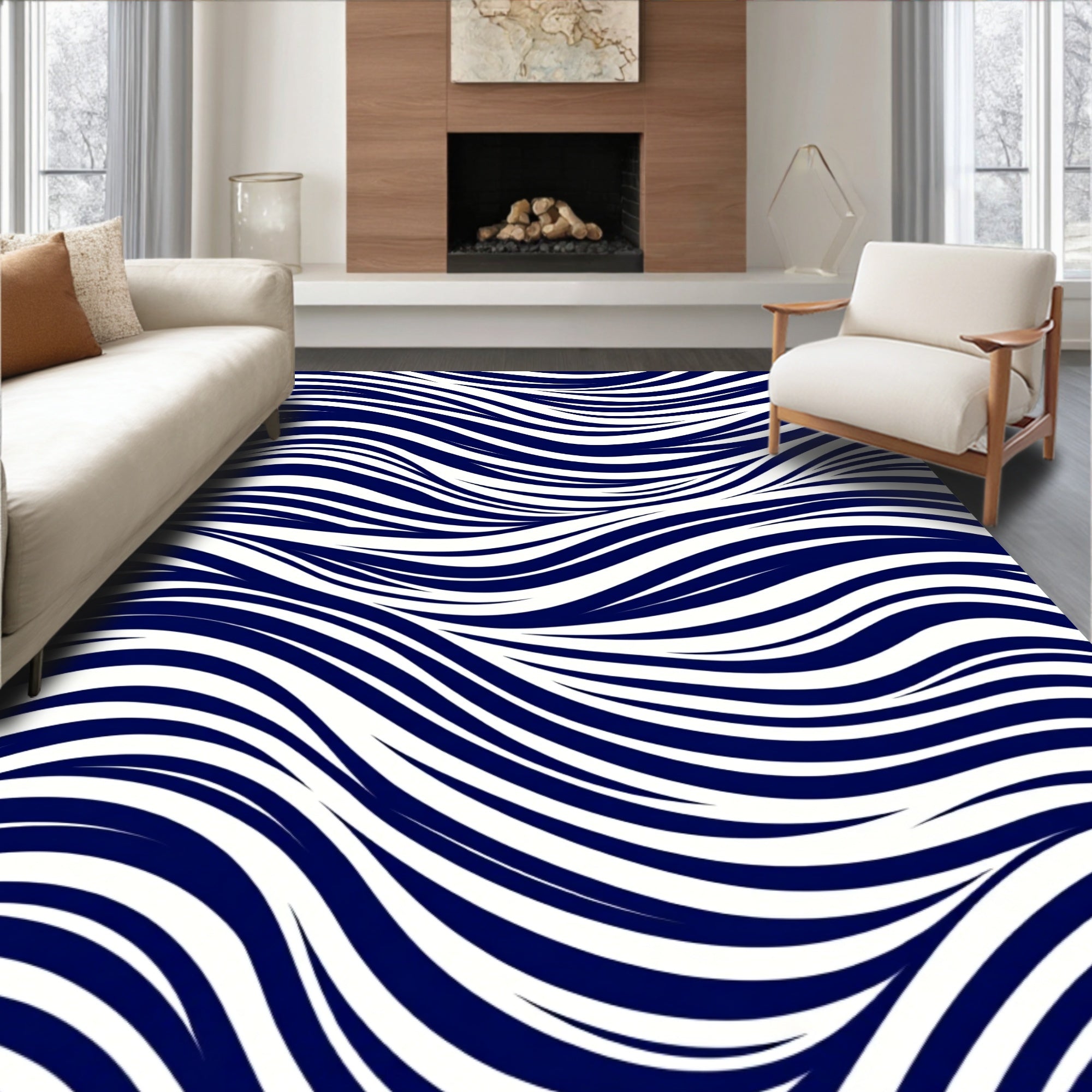 Midnight Blue Flowing Wave Lines Rug