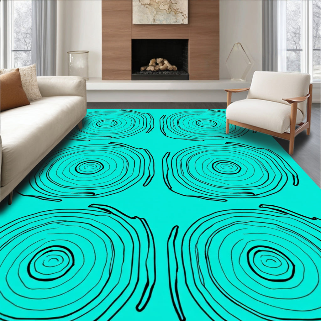 Teal Black Concentric Rings Medallion Rug