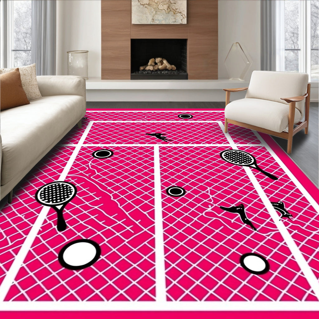 Hot Pink Tennis Court Racket Balls Rug