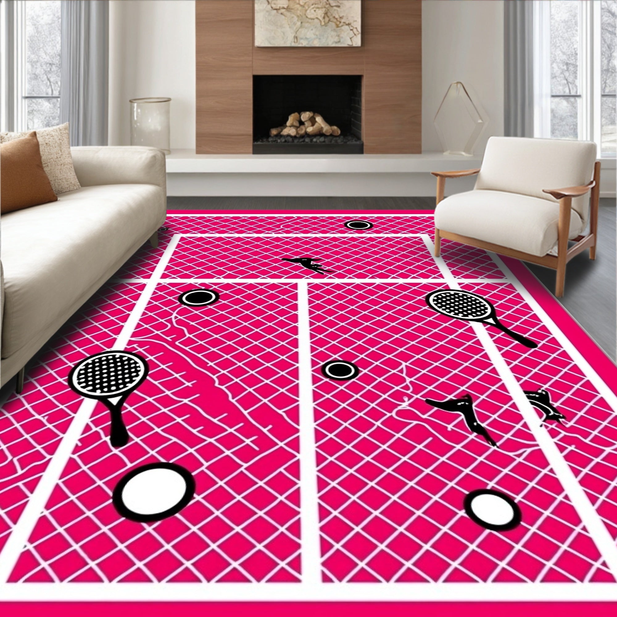 Hot Pink Tennis Court Racket Balls Rug