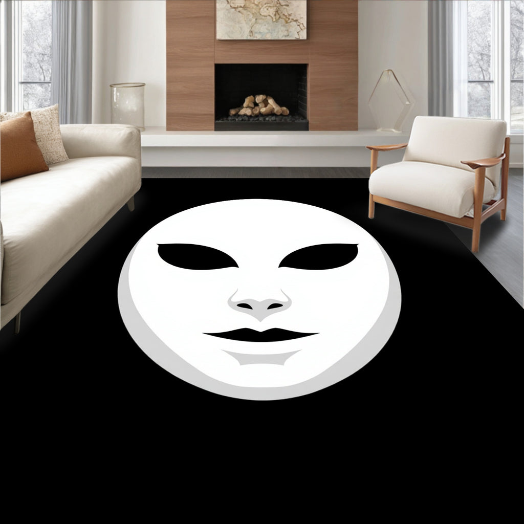 Mysterious White Mask Black Background Rug