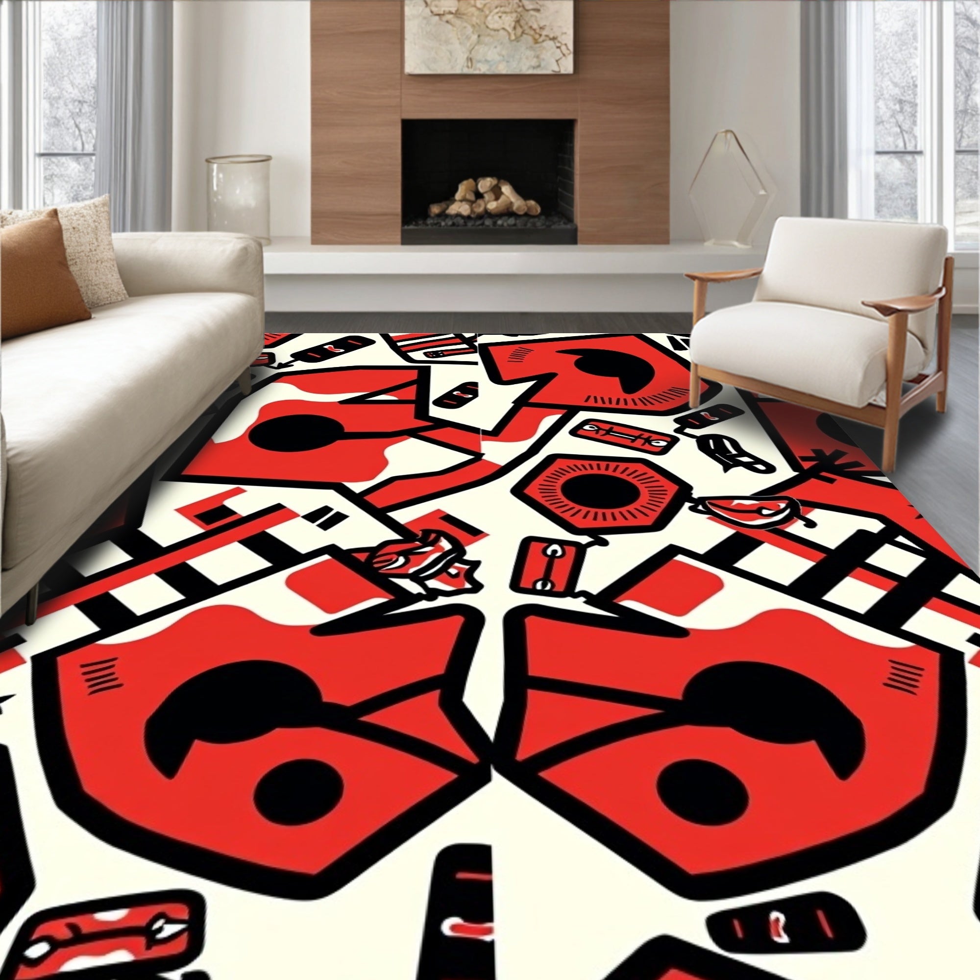 Bold Red Abstract Whimsical Figures Rug