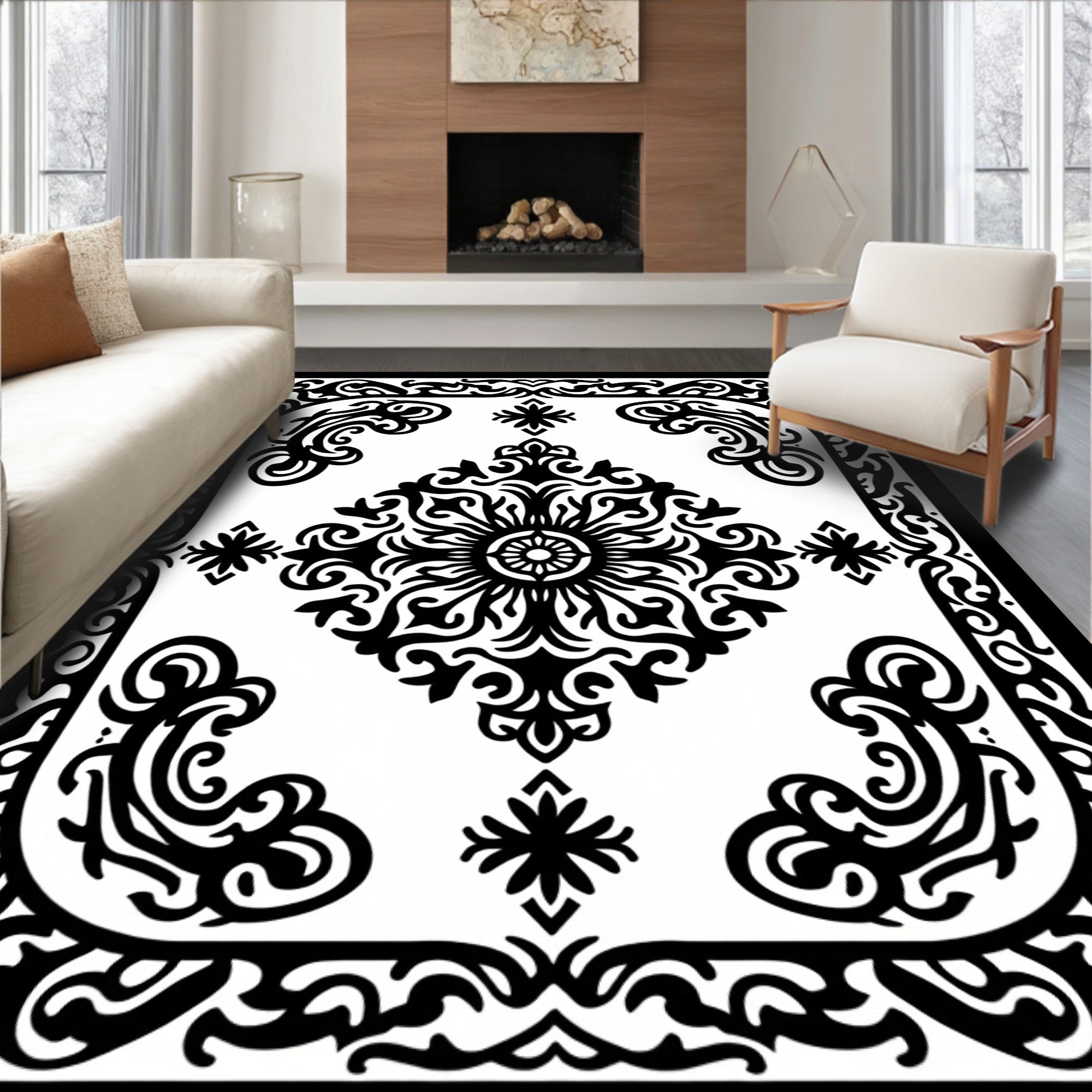 Black White Traditional Medallion Scroll Rug