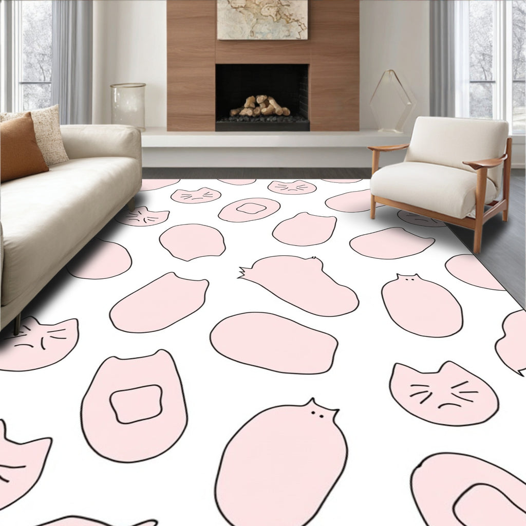 Playful Pink Kitty Faces Scattered Shapes Rug