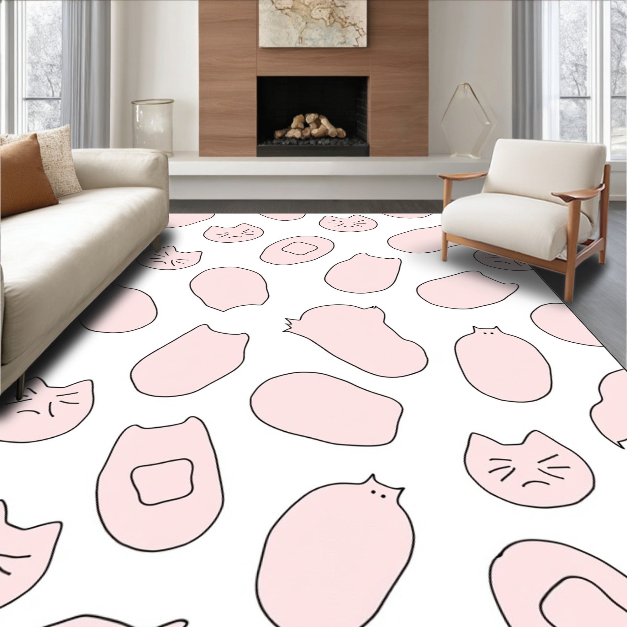 Playful Pink Kitty Faces Scattered Shapes Rug