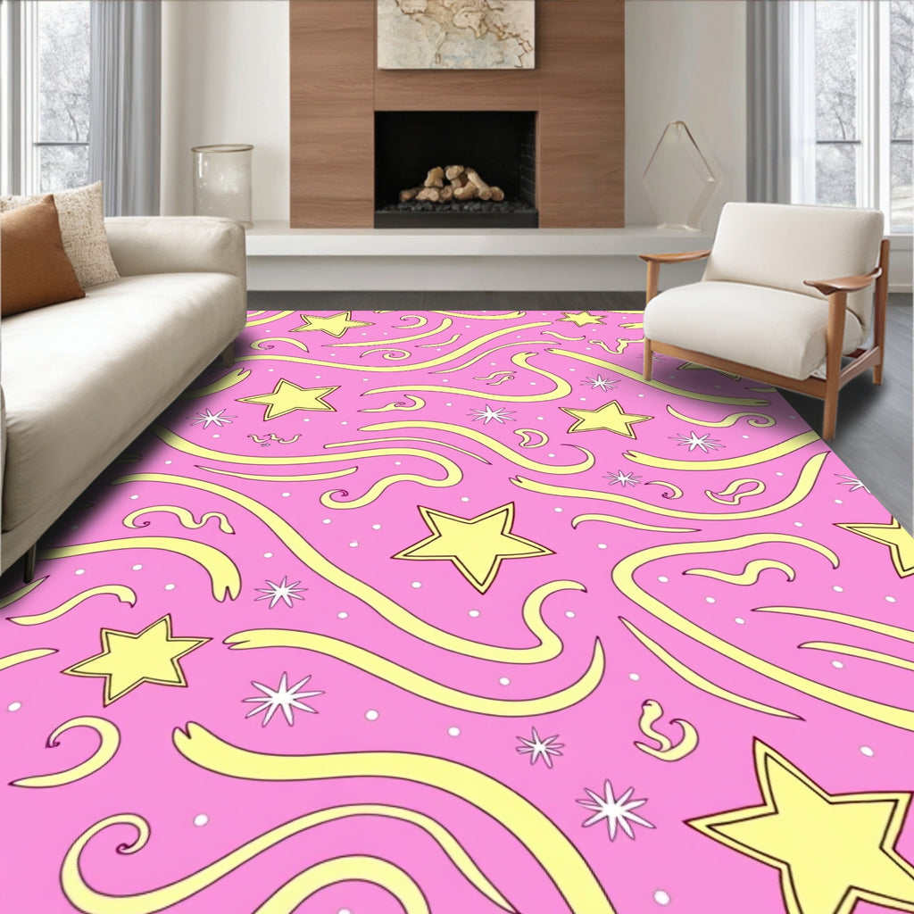 Whimsical Yellow Star Swirl Pink Rug