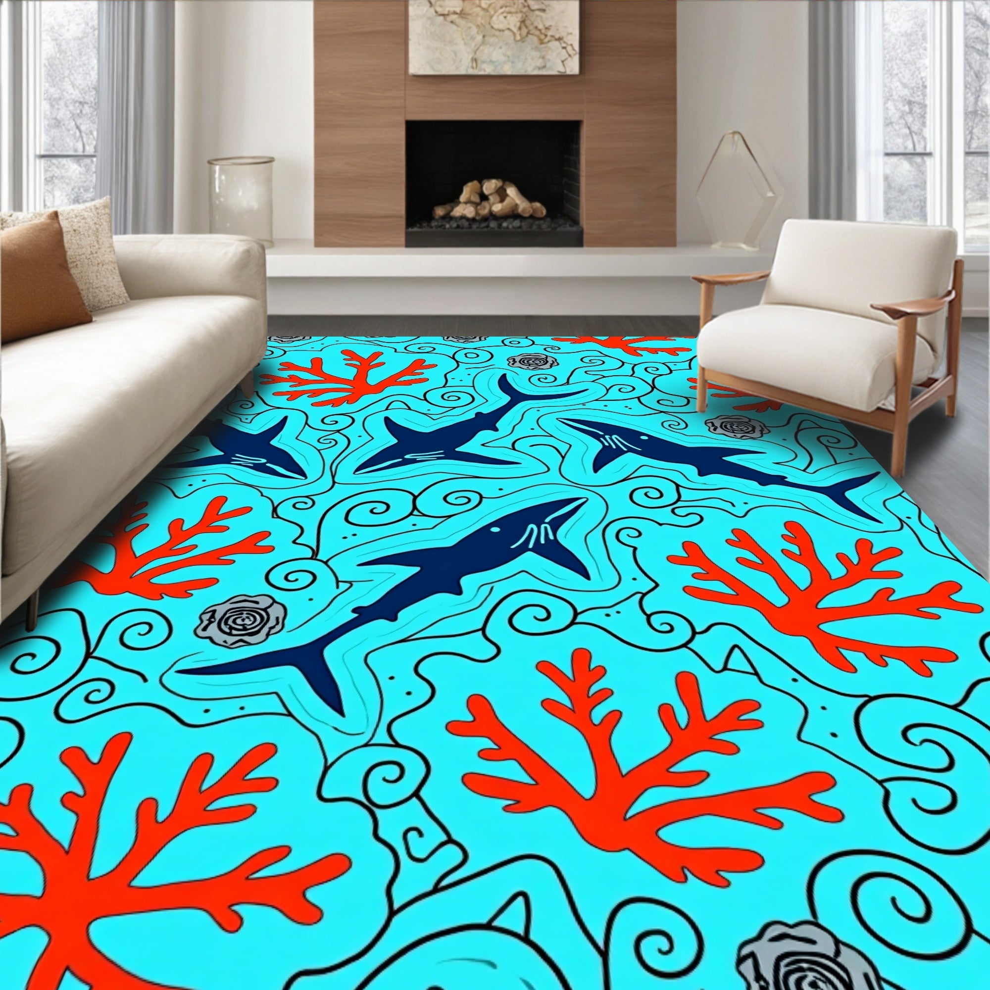 Blue Coral Shark Aquatic Illustration Rug