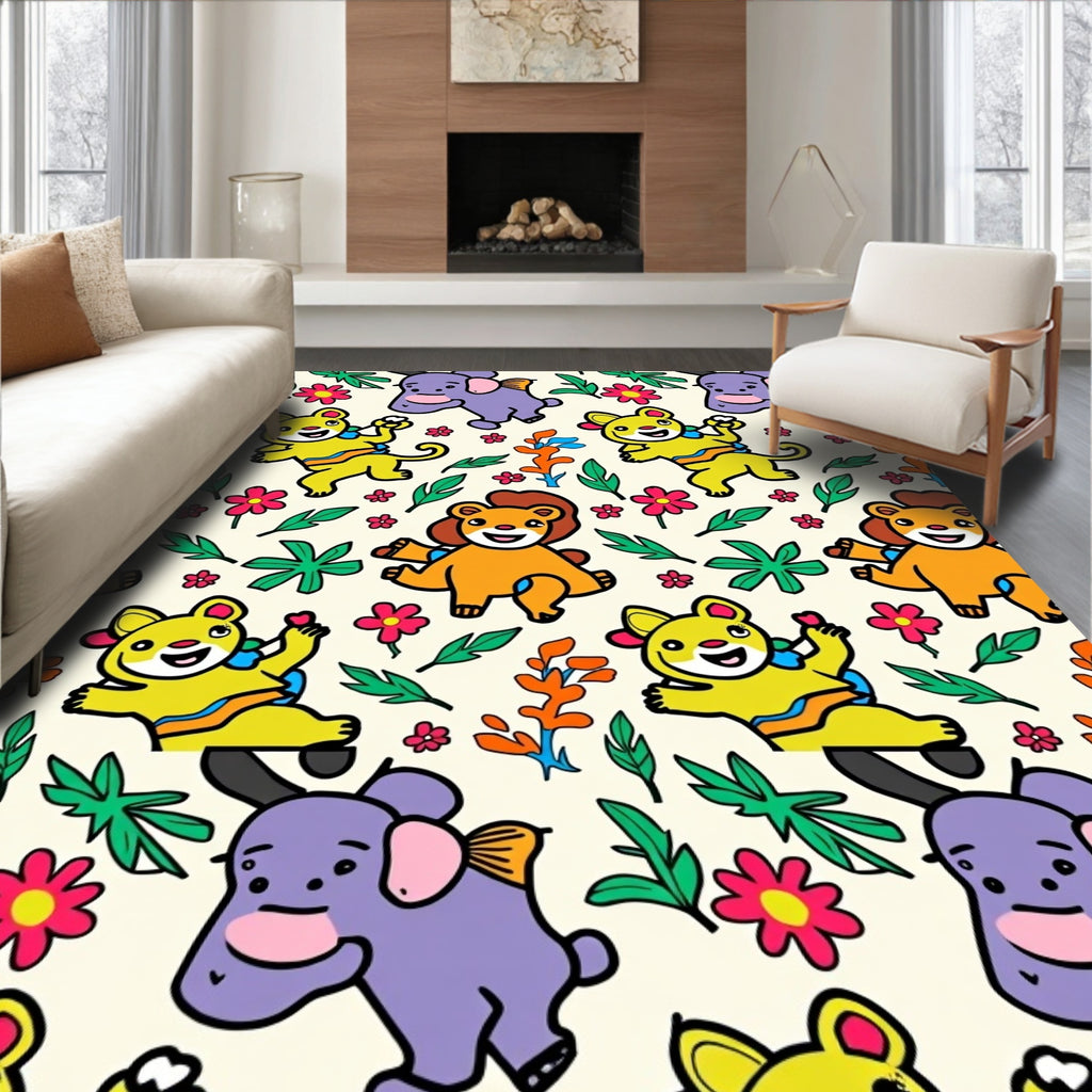 Whimsical Jungle Animals Fun Floral Rug