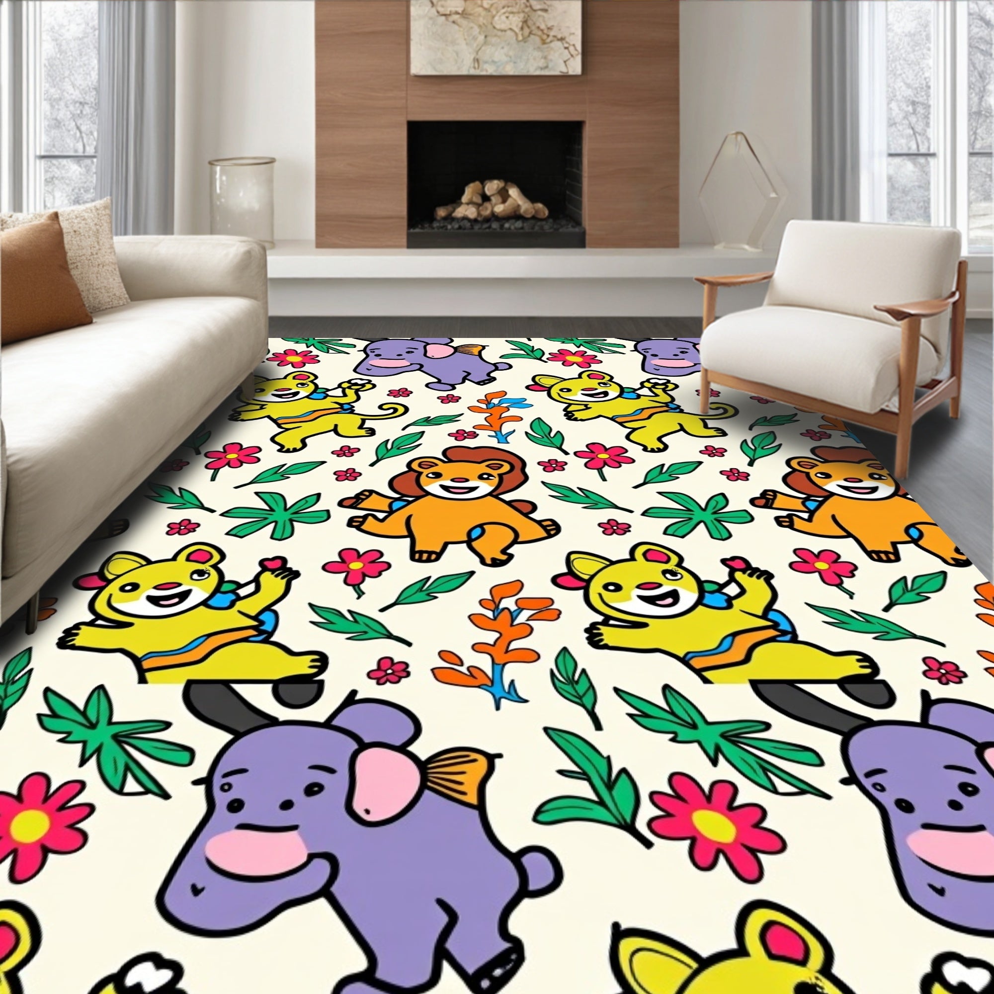 Whimsical Jungle Animals Fun Floral Rug