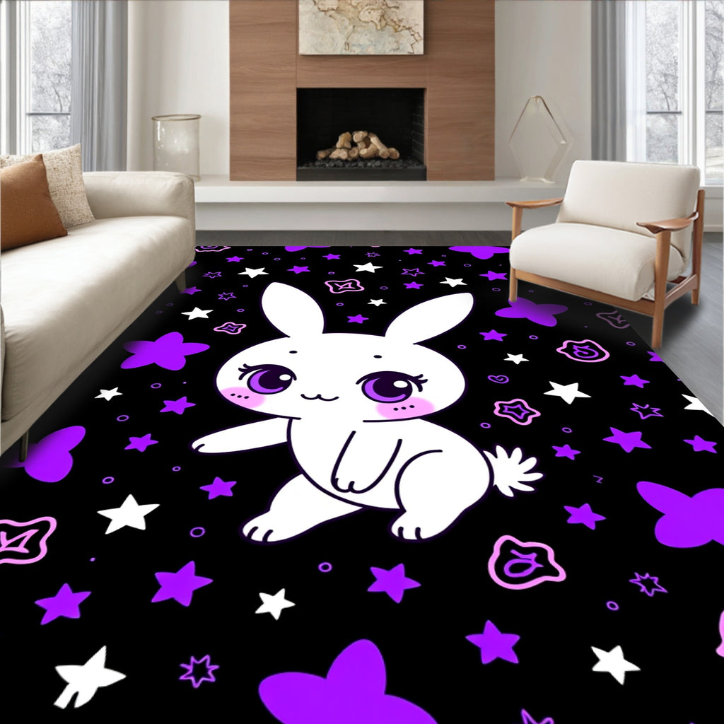 Cute White Bunny Purple Stars Night Rug