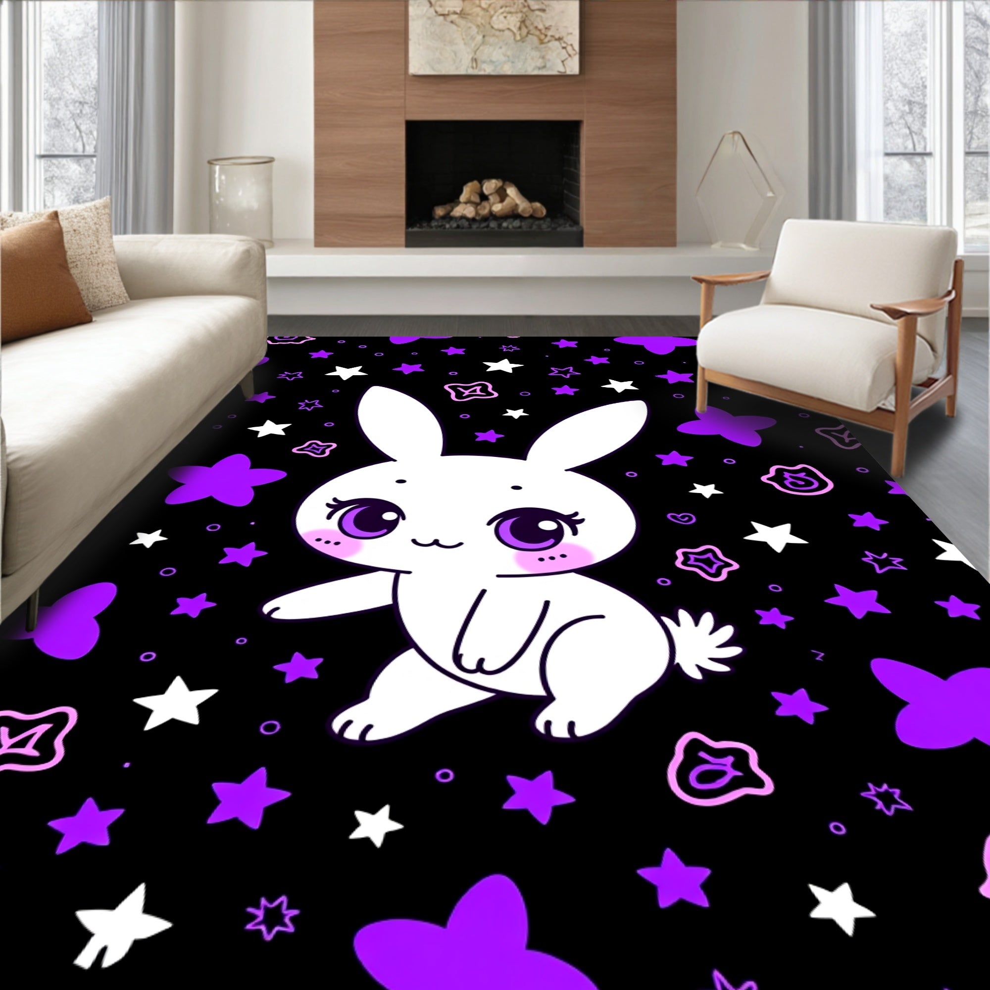 Cute White Bunny Purple Stars Night Rug