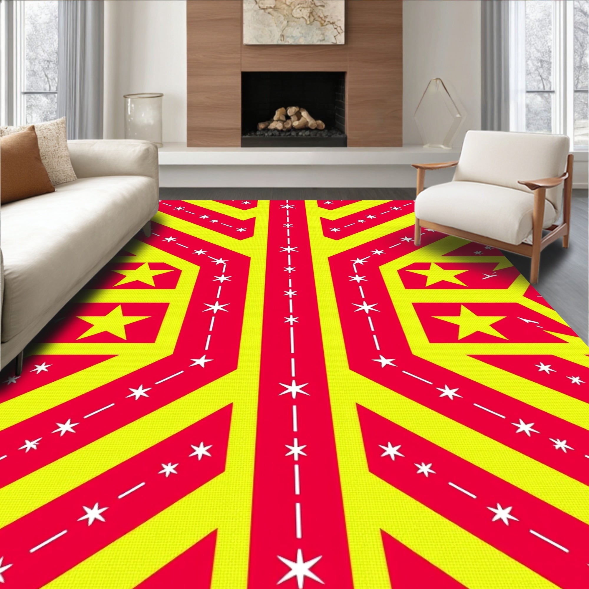 Bold Yellow Red Starburst Rays Rug