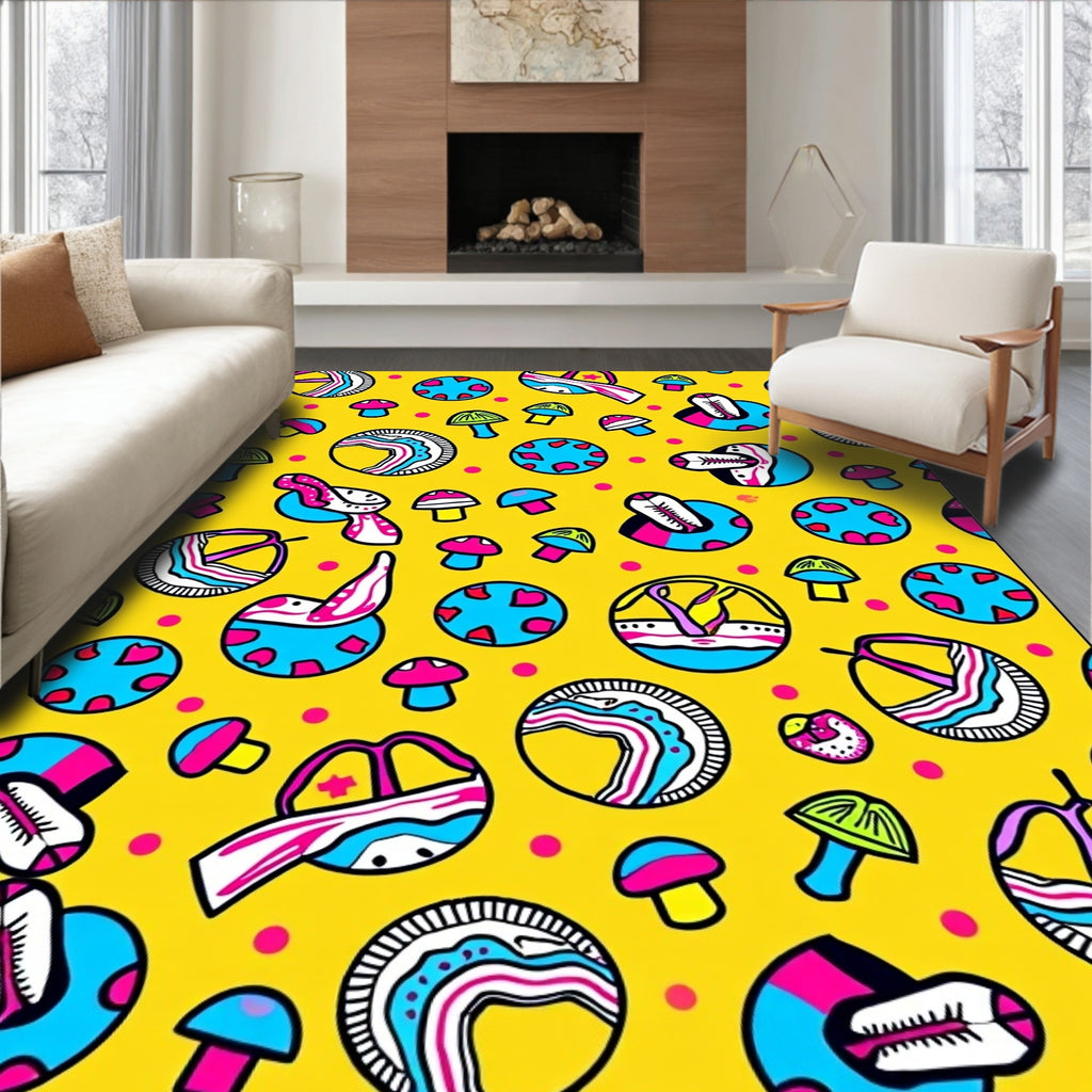 Psychedelic Mushroom Circles Yellow Rug