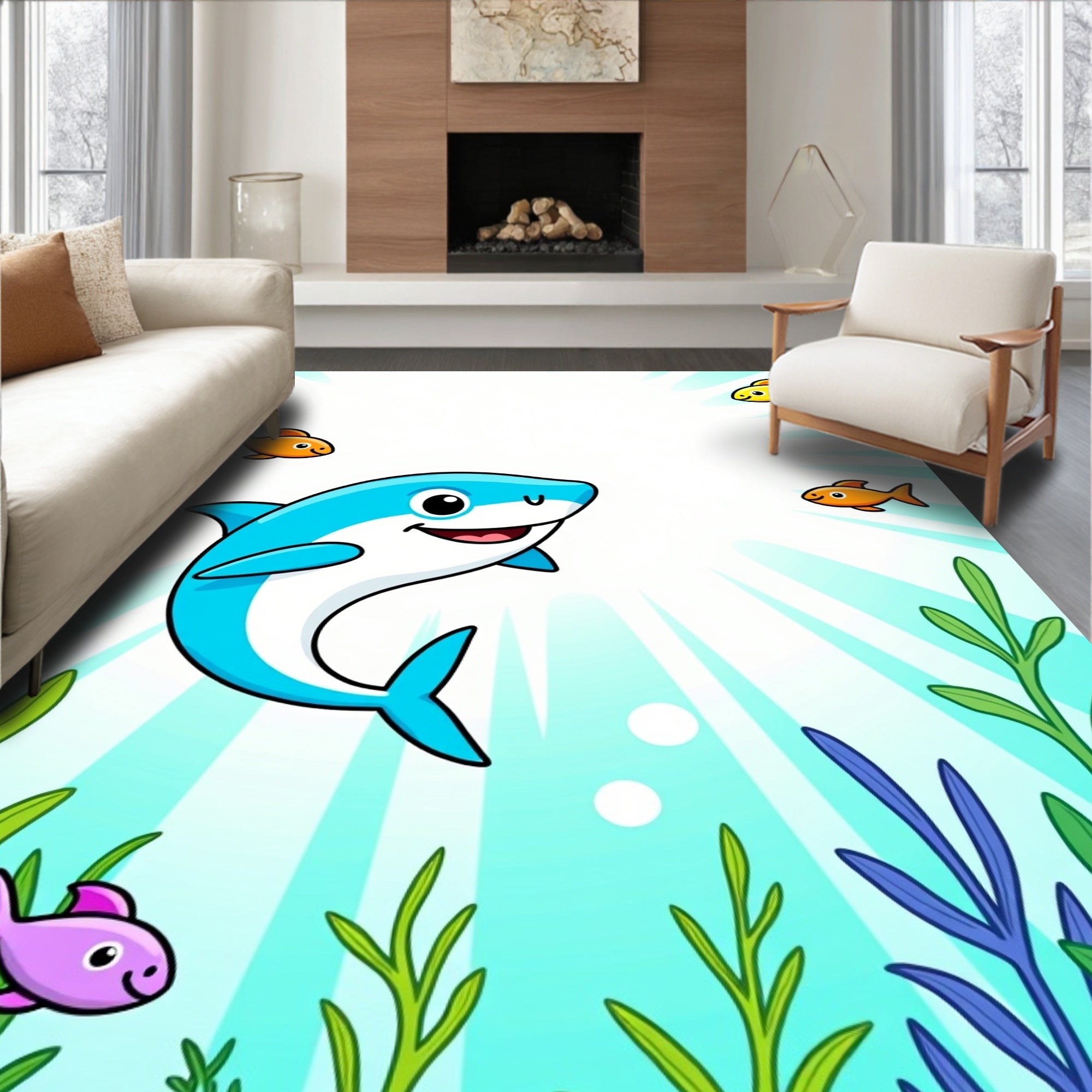 Friendly Blue Shark And Colorful Fish Rug